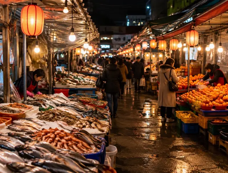 夜间传统市场的海鲜与柑橘摊位（示意图）
